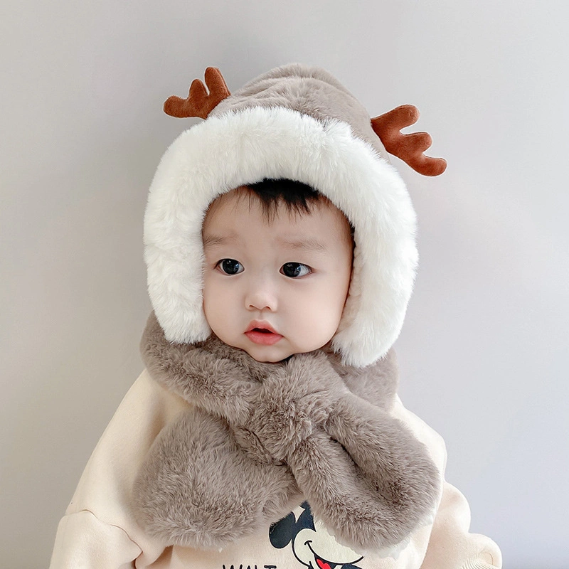 Winter Kids Hat and Scarf in One Thick Woolen Collar Hat Ear Protection Faux Plush Warm Plush Hat