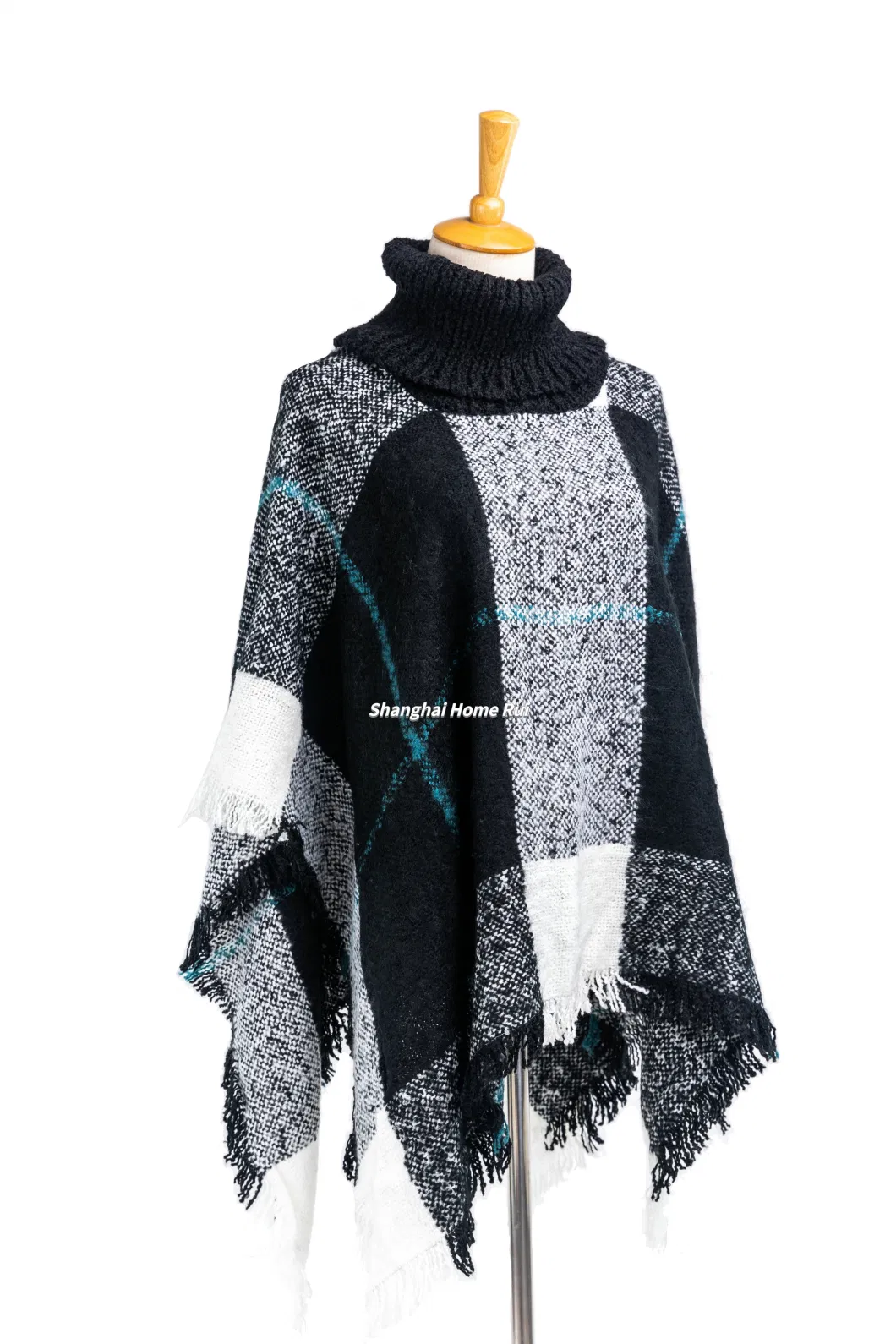 Outfit Fall Winter Couture Lady Woven Plus Batwing Breathable Classic Knitted Mixed Block Tassel Wraps Nova Scottish Plaid Checks Sweater Cape High Neck Cloak