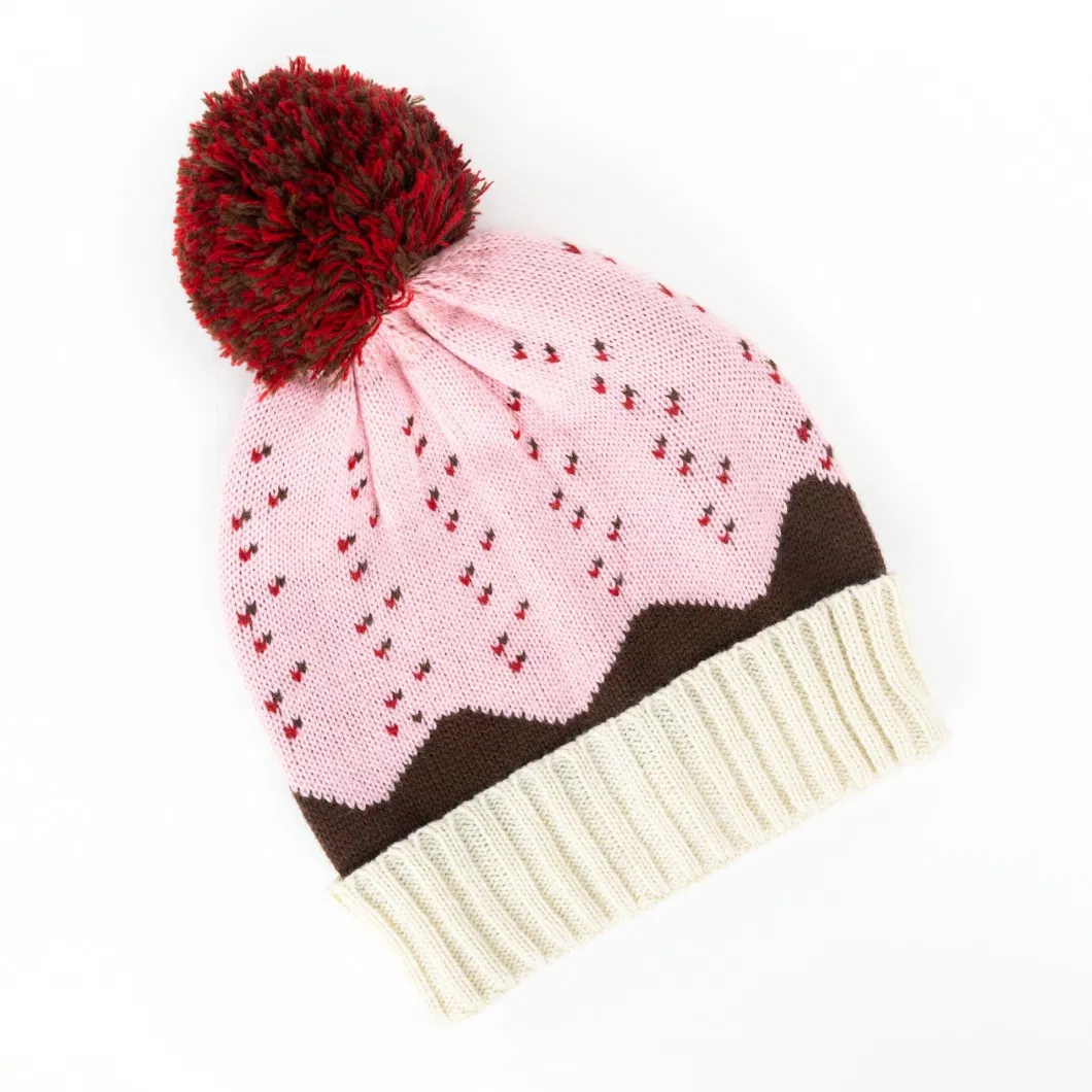 Factory Quality Winter Warm Pompom Jacquard Plain Knitted Stretch Hat