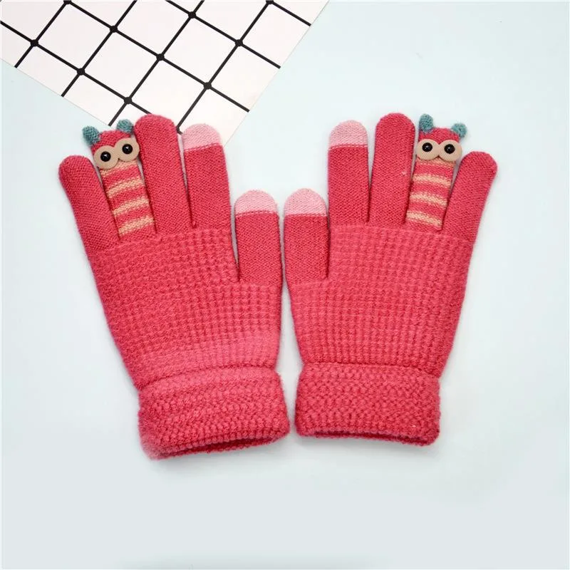 Winter Women&prime;s Touch-Screen Knitted Split-Finger Cute Monster-Style Children&prime;s Anti-Cold Thickening Warm Gloves