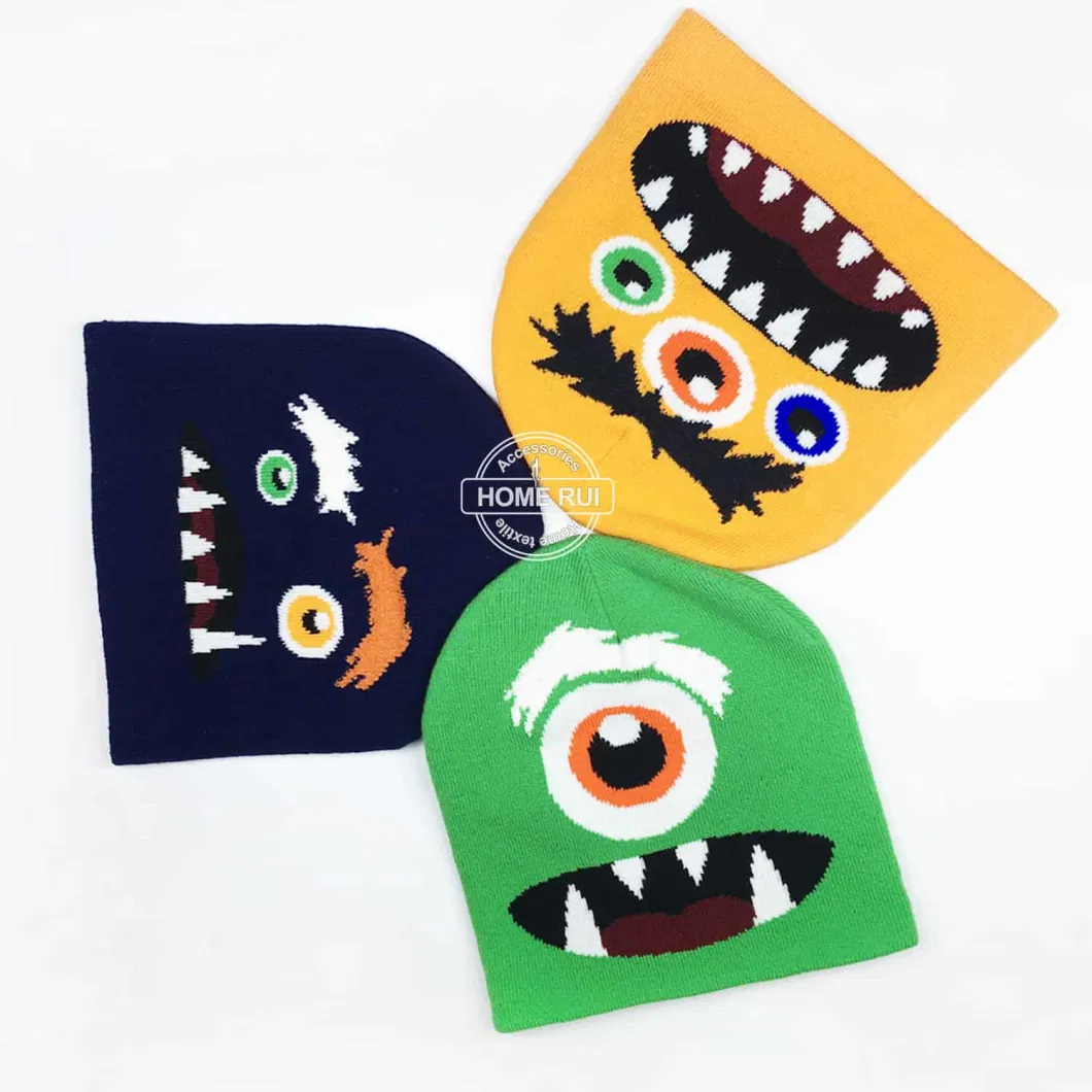 Low MOQ Hats Custom Logo Knitted Monster Face Eyes Feather Eyebow Teeth Jacquard Skully Kids Cartoon Winter Fisherman Cap Beanie