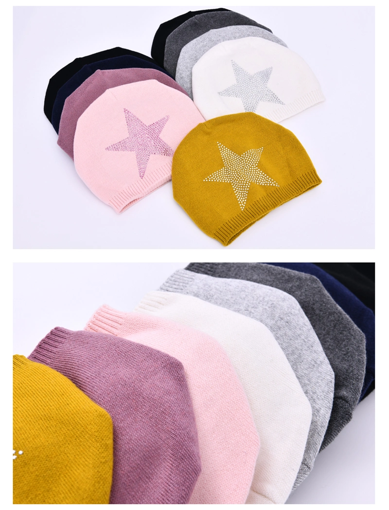 Bulk Wholesale Winter Keep Warm Beanie Women Men Wool Knitted Hat POM POM Beanies with Five-Pointed Star