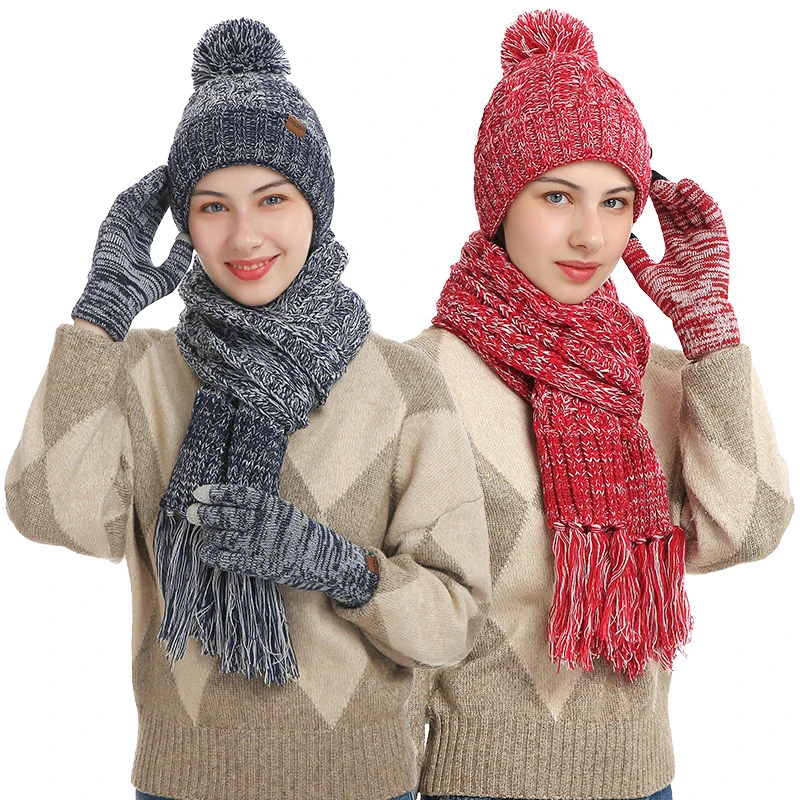 Autumn Winter Knitted Wool Thickened Touch Screen Three-Piece Set Hats Gloves Scarf