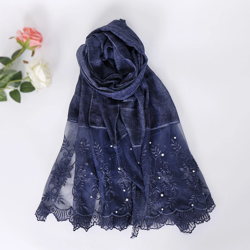 New Style Cotton Lace Fashion Nail Pearl Comfortable Custom Solid Color Polyester Hijab Shawl Lady Scarf