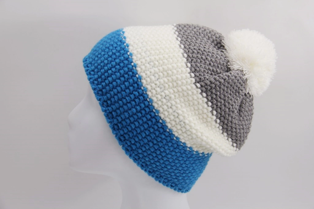 Knitted Winter Child Hat with Three Colors Yarn Top with Yarn Pompon