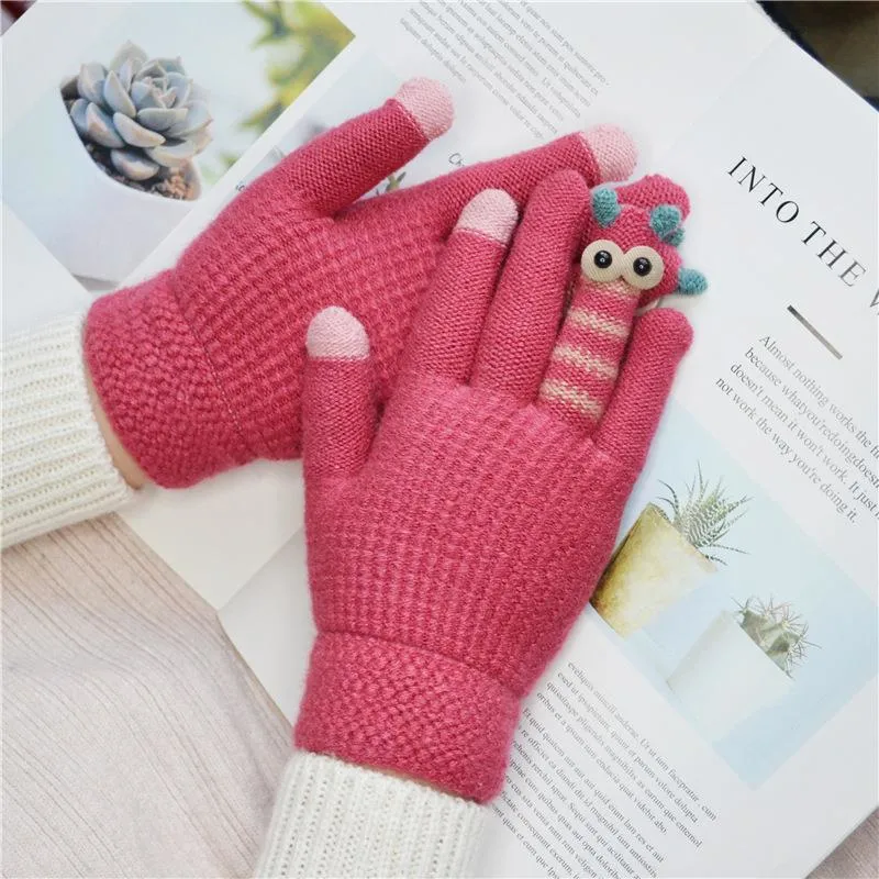 Winter Women&prime;s Touch-Screen Knitted Split-Finger Cute Monster-Style Children&prime;s Anti-Cold Thickening Warm Gloves