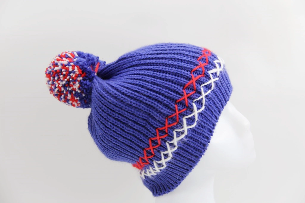 Winter Style Adult Blue Knitted Hat with Two Colors Yarn Pompon