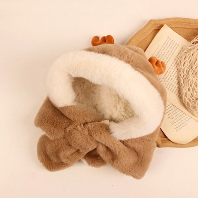 Winter Kids Hat and Scarf in One Thick Woolen Collar Hat Ear Protection Faux Plush Warm Plush Hat