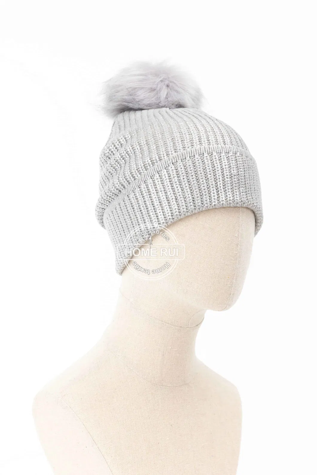 Unisex Warm Soft Slouchy Acrylic Fold Edge Silver Grey Fur Pompom Oil Print Knitted Rib Bonnet Casual Beanie Hat