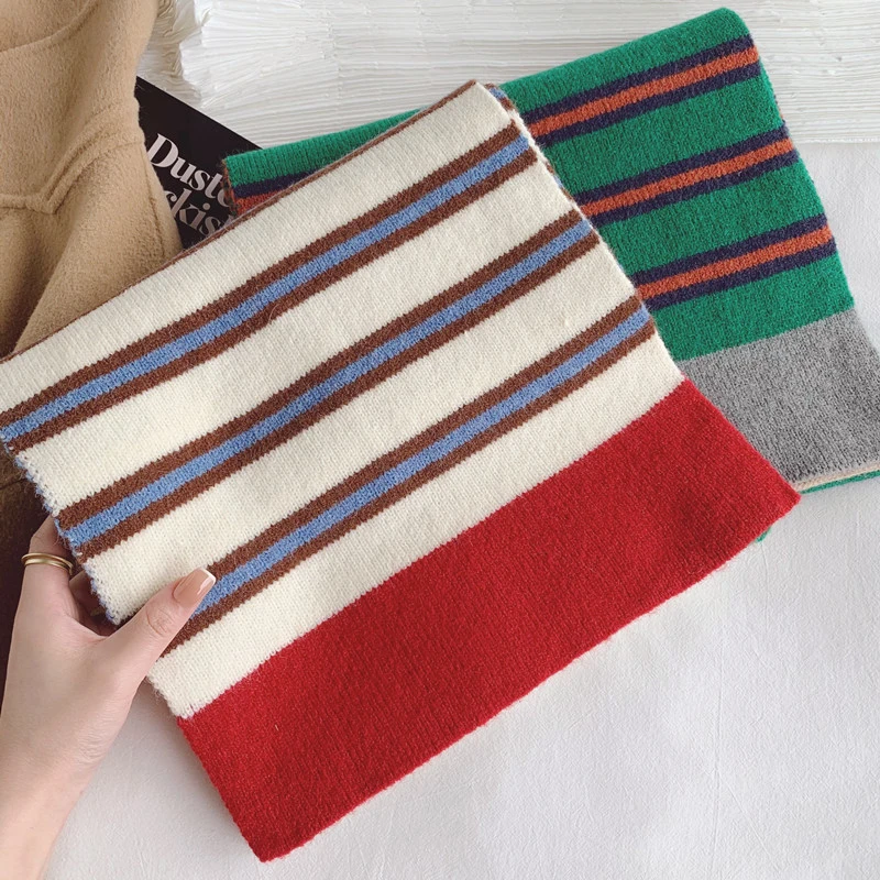 Ladies Acrylic Knitted Scarves Women Autumn Winter Kimono Fleecy Turban Girls Fashion Scarf with Stripes Knitting