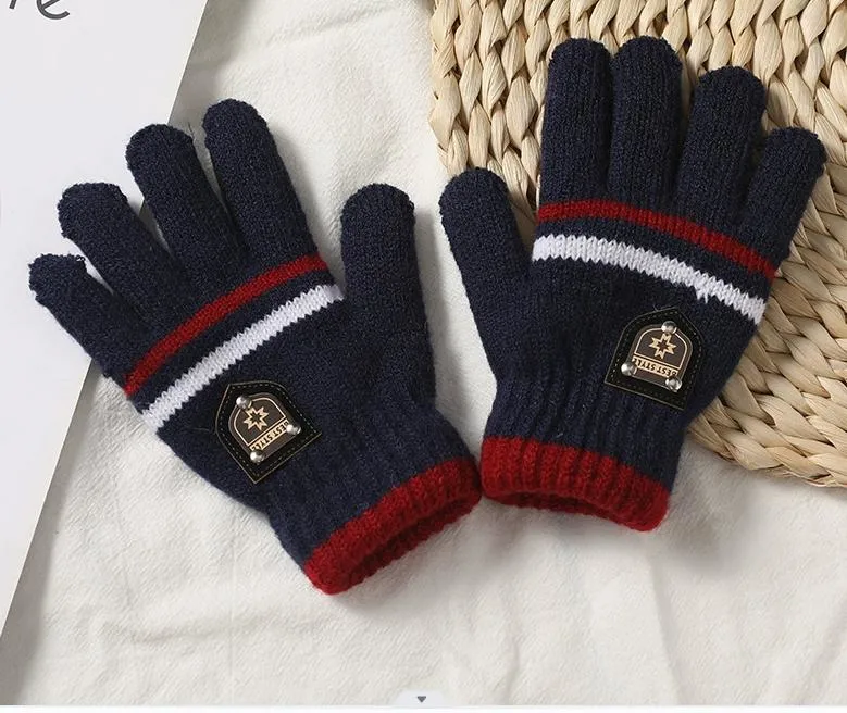 Winter New Imitation Cashmere Sub-Finger Knitted Warm Jacquard Fashion Plus Fleece Thickened Children&prime; S Wool Gloves