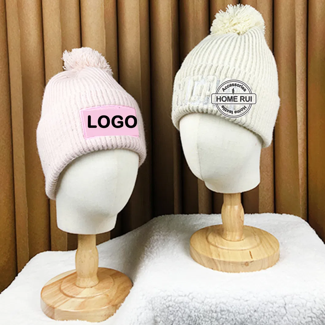 Custom Logo Women Beanies with POM POM Sequin Buckle Yarn Embroidery Letter Patch Knitted Hats Ribbed Chunky Knit Winter Caps