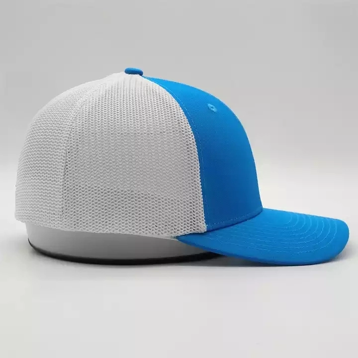 OEM Factory Custom Breathable Gorras Caps Flex Fit Mesh Back Blue 6 Panel Blank Plain Fitted Trucker Hats