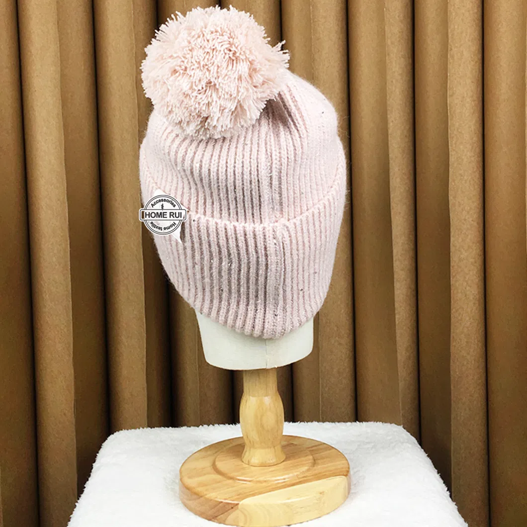 Custom Logo Women Beanies with POM POM Sequin Buckle Yarn Embroidery Letter Patch Knitted Hats Ribbed Chunky Knit Winter Caps