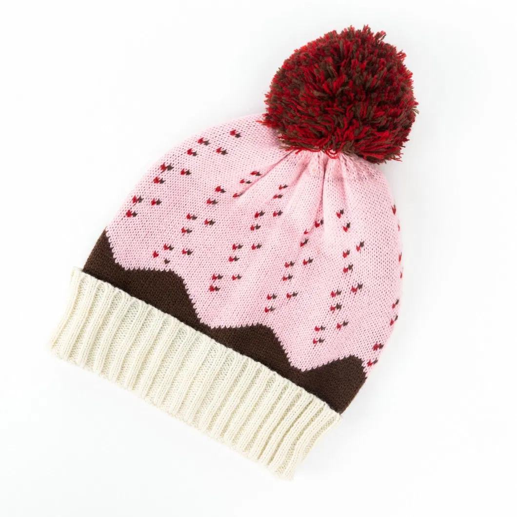 Factory Quality Winter Warm Pompom Jacquard Plain Knitted Stretch Hat