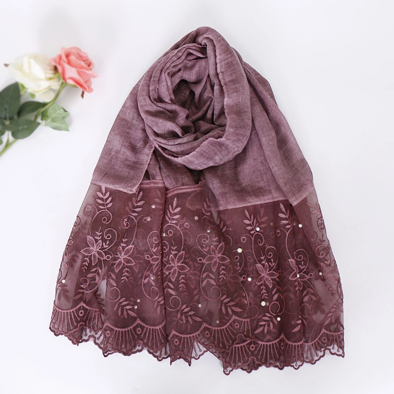 New Style Cotton Lace Fashion Nail Pearl Comfortable Custom Solid Color Polyester Hijab Shawl Lady Scarf