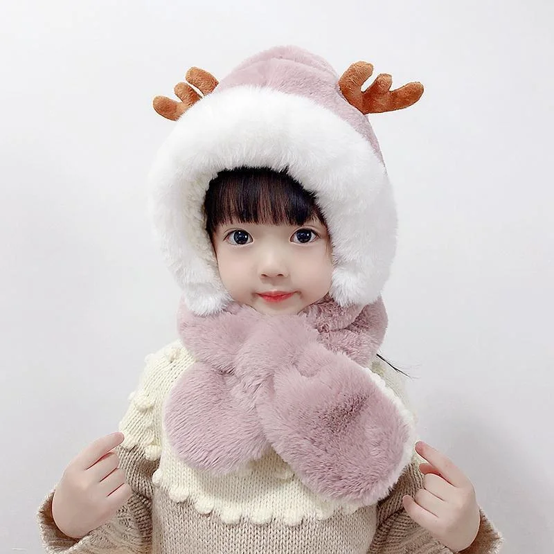 Winter Kids Hat and Scarf in One Thick Woolen Collar Hat Ear Protection Faux Plush Warm Plush Hat