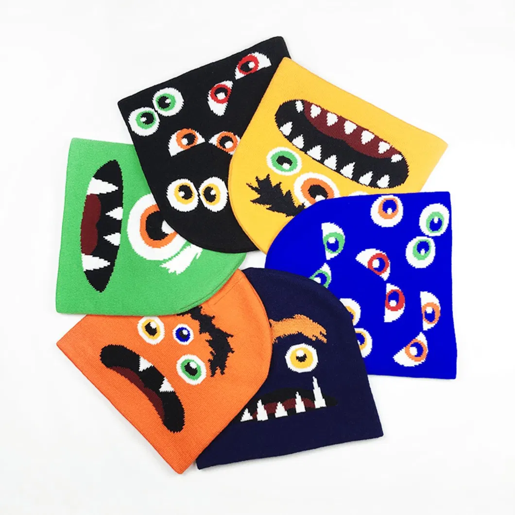 Reversible Cartoon Hats Winter Children Kids Knit Custom Logo Monster Eyes Feather Teeth Face Jacquard Acrylic Skull Cap Beanies