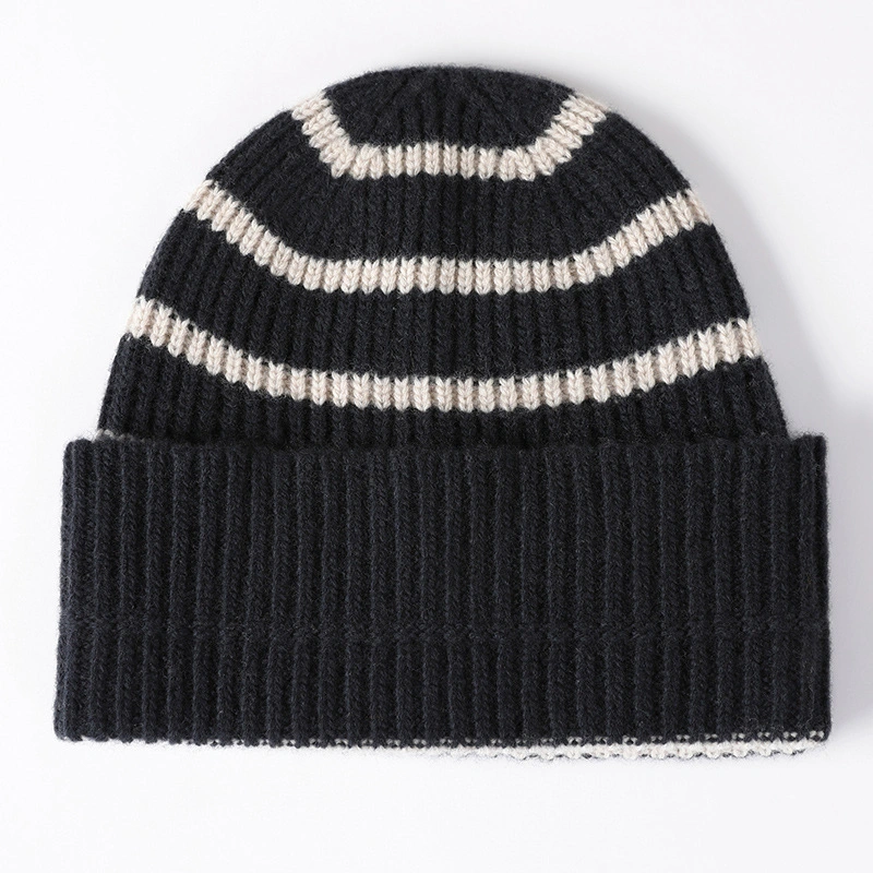 Warm High Quality Custom Striped Jacquard Acrylic Winter Cuffed Knit Beanie Hat