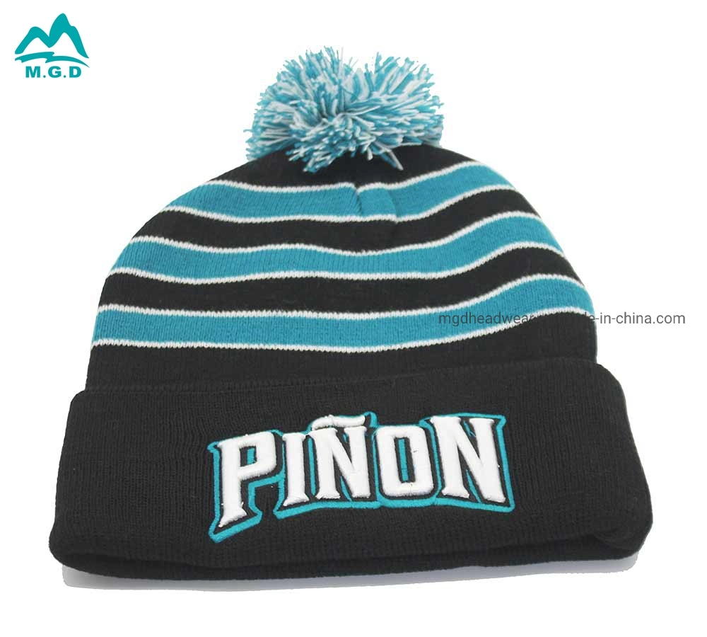 Custom POM POM Winter Embroidery Logo Cuff Beanie Hat