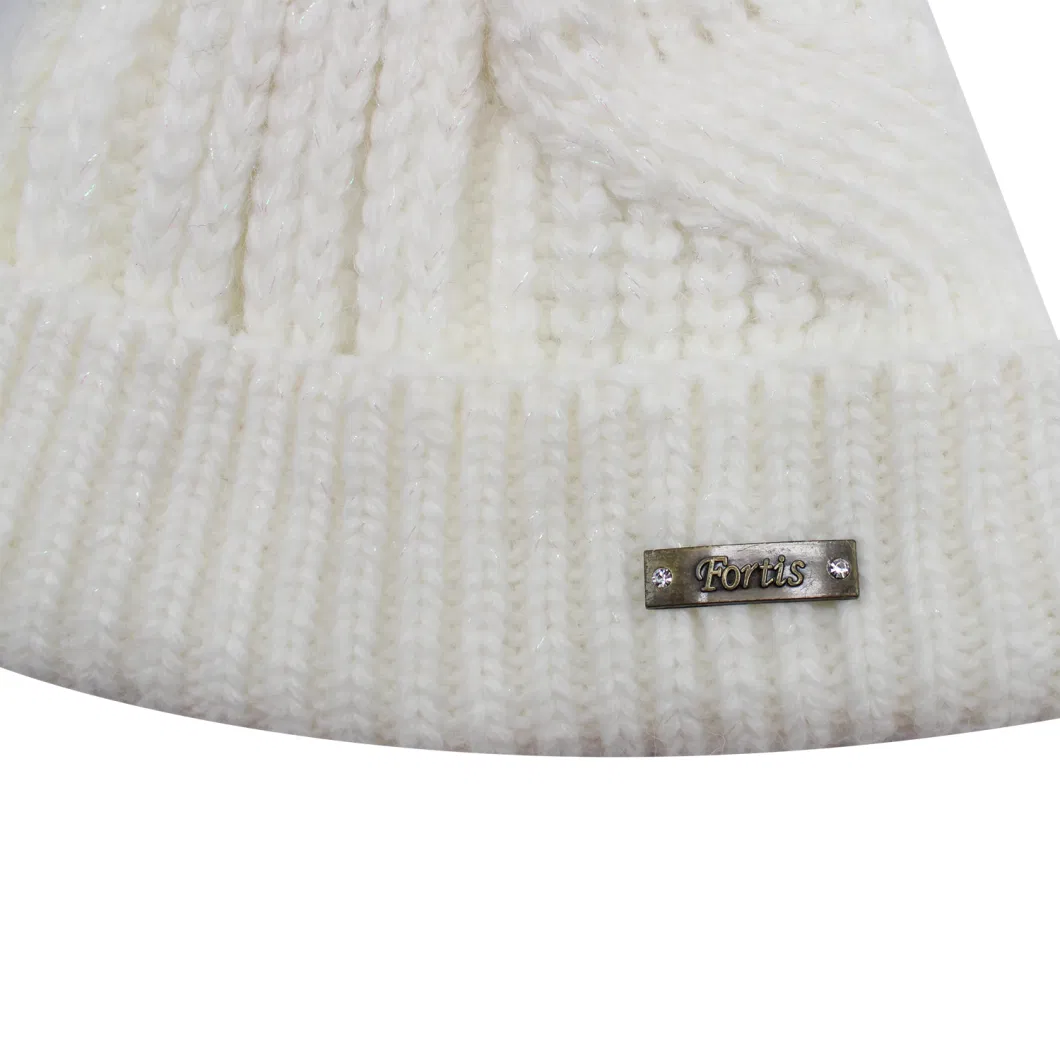 Cozy Winter White Knit Ribbed Cuff Beanie with Faux Fur POM