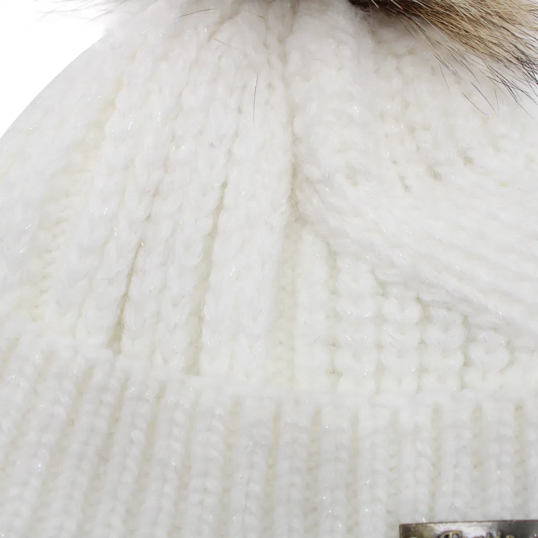 Cozy Winter White Knit Ribbed Cuff Beanie with Faux Fur POM