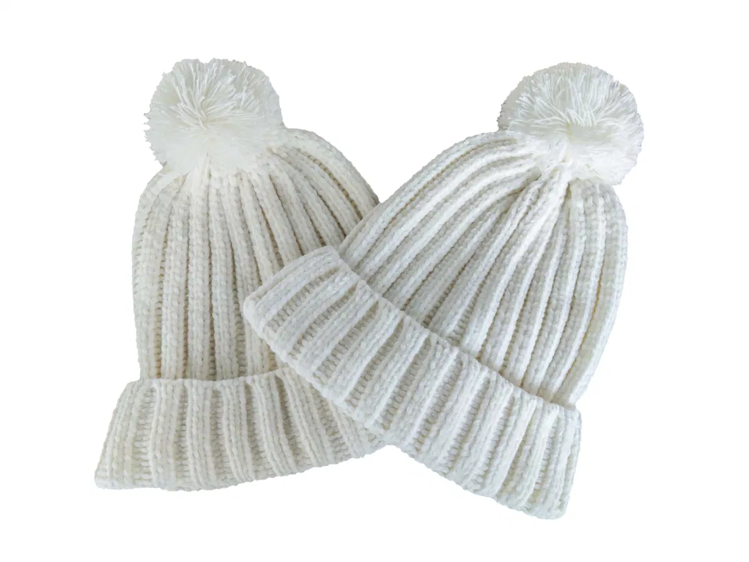 Winter Ladies Fashion White Soft Chenille Pompom Stretch Knitted Hat
