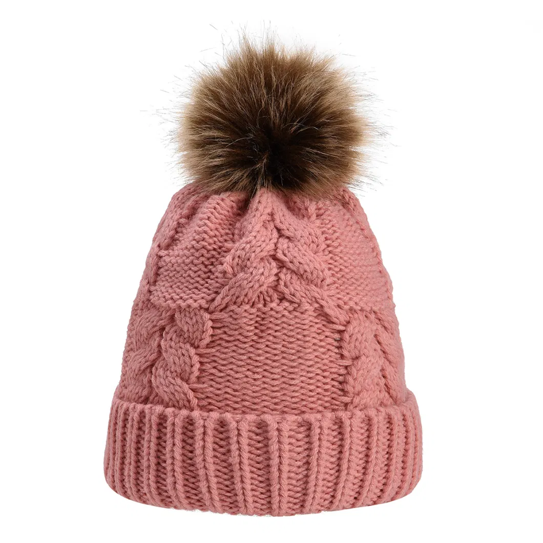 Thicken Windproof Winter Beanies Warm Fur Pompoms Cotton Knitted Beanies Hats