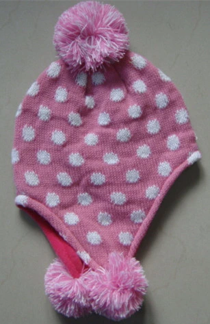 Jacquard Knitted and Fleece Lining Baby Girl Pompom Winter Hat
