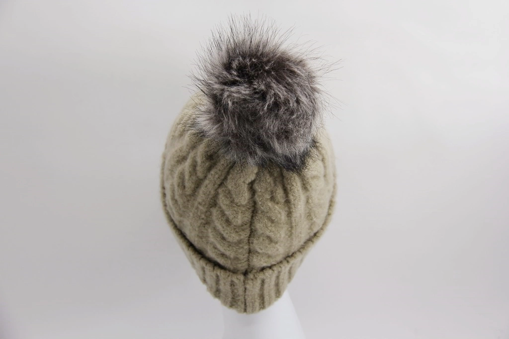 Knitted Child Winter Hat with Faux Fur Pompon Cuff - Acrylic Single Layer
