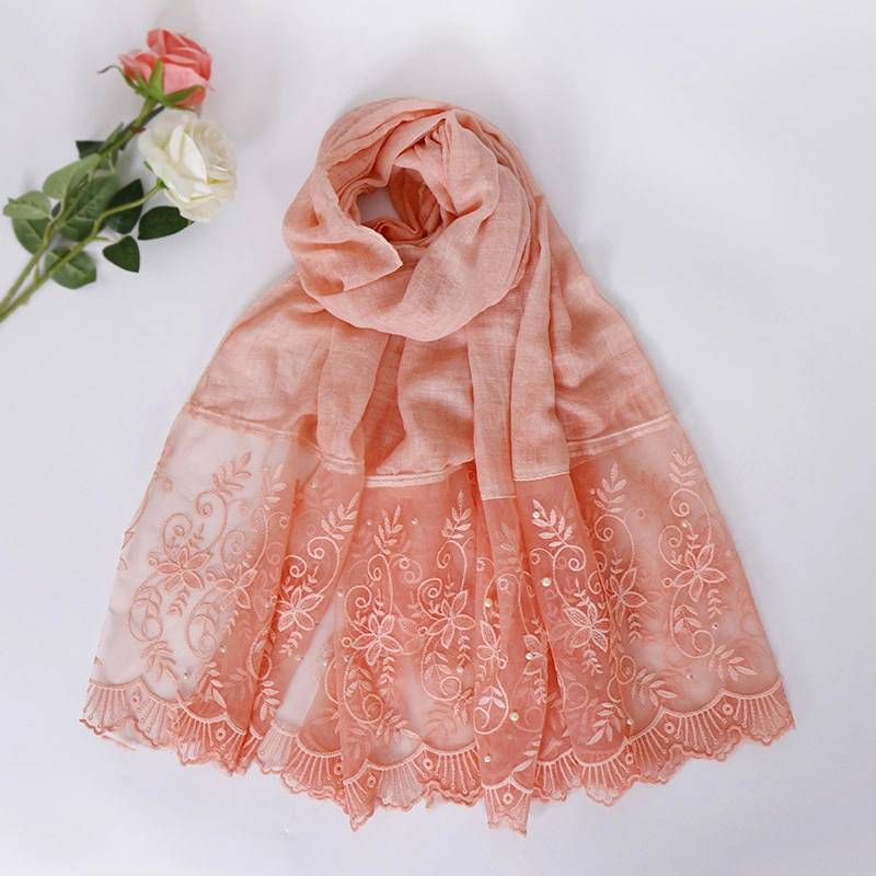 New Style Cotton Lace Fashion Nail Pearl Comfortable Custom Solid Color Polyester Hijab Shawl Lady Scarf