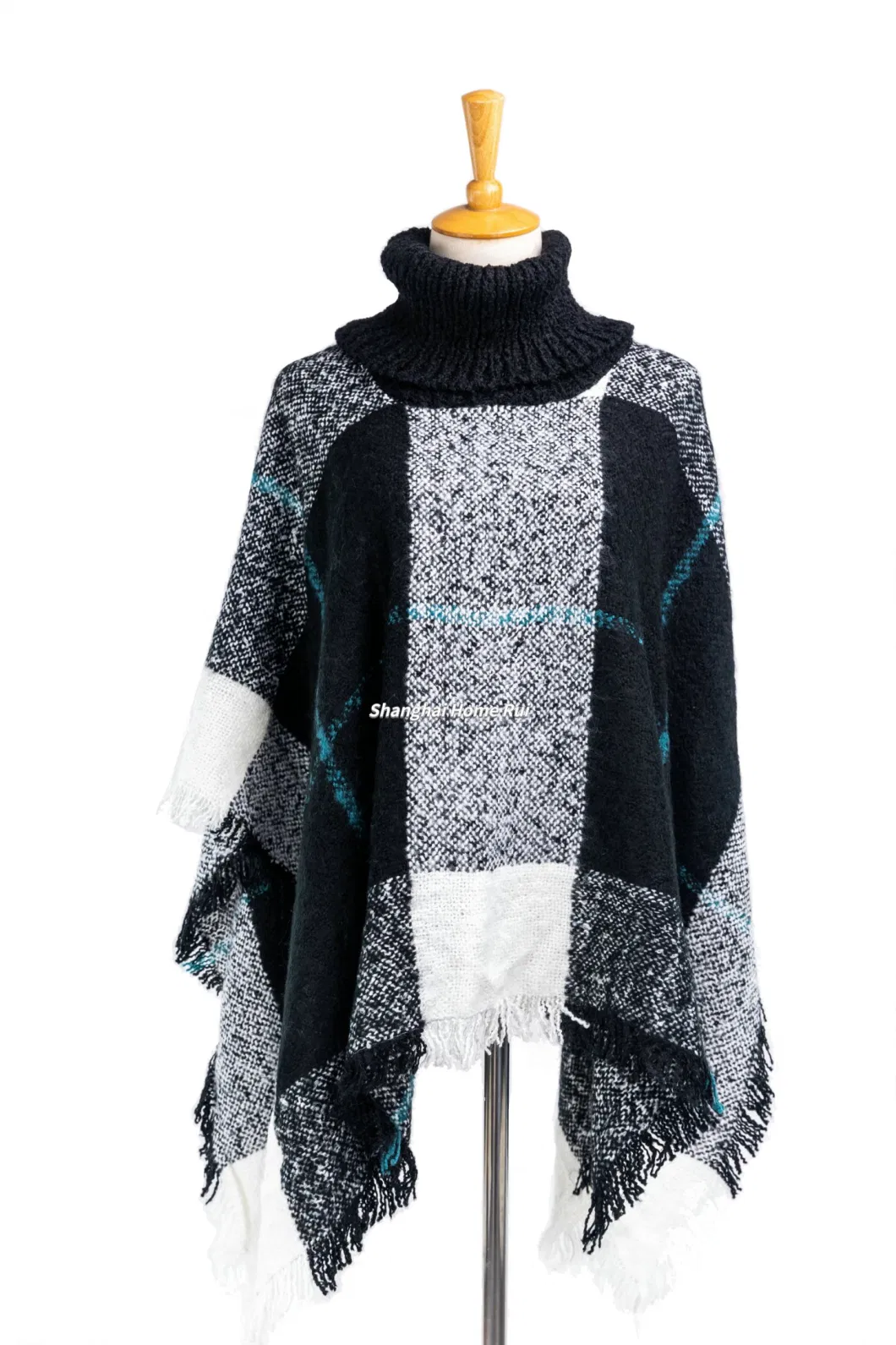 Outfit Fall Winter Couture Lady Woven Plus Batwing Breathable Classic Knitted Mixed Block Tassel Wraps Nova Scottish Plaid Checks Sweater Cape High Neck Cloak