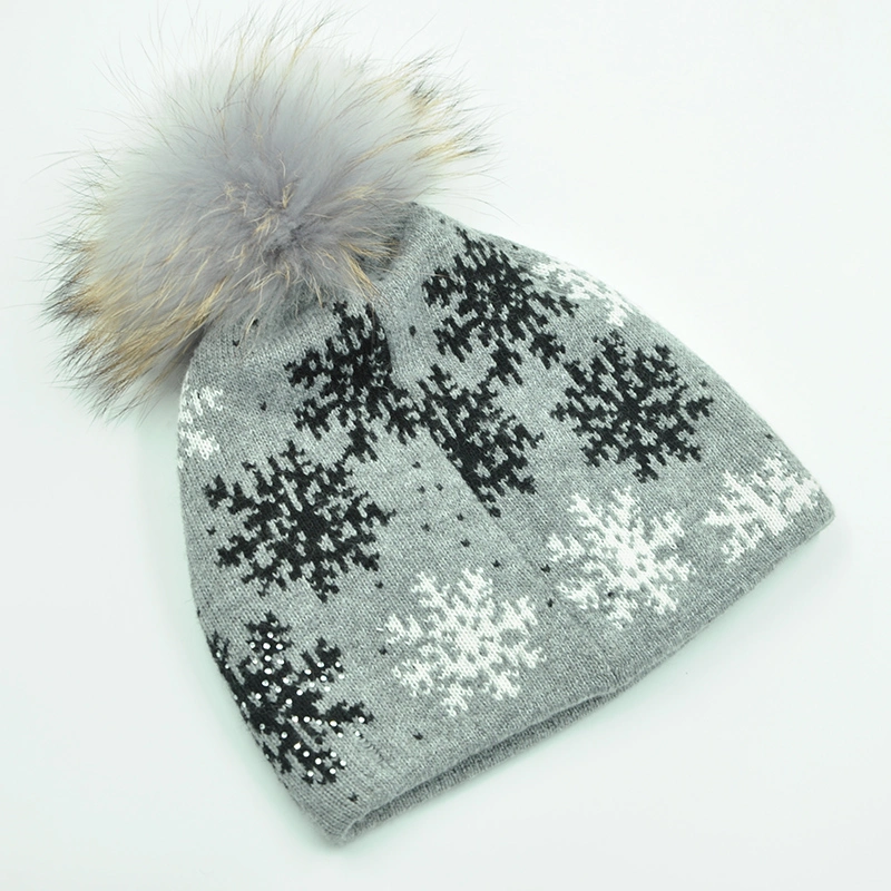Winter Adults Unisex Ladies Warm Black Custom Logo Hat Snowflakes Pattern Knit Beanie with POM POM Fur Ball