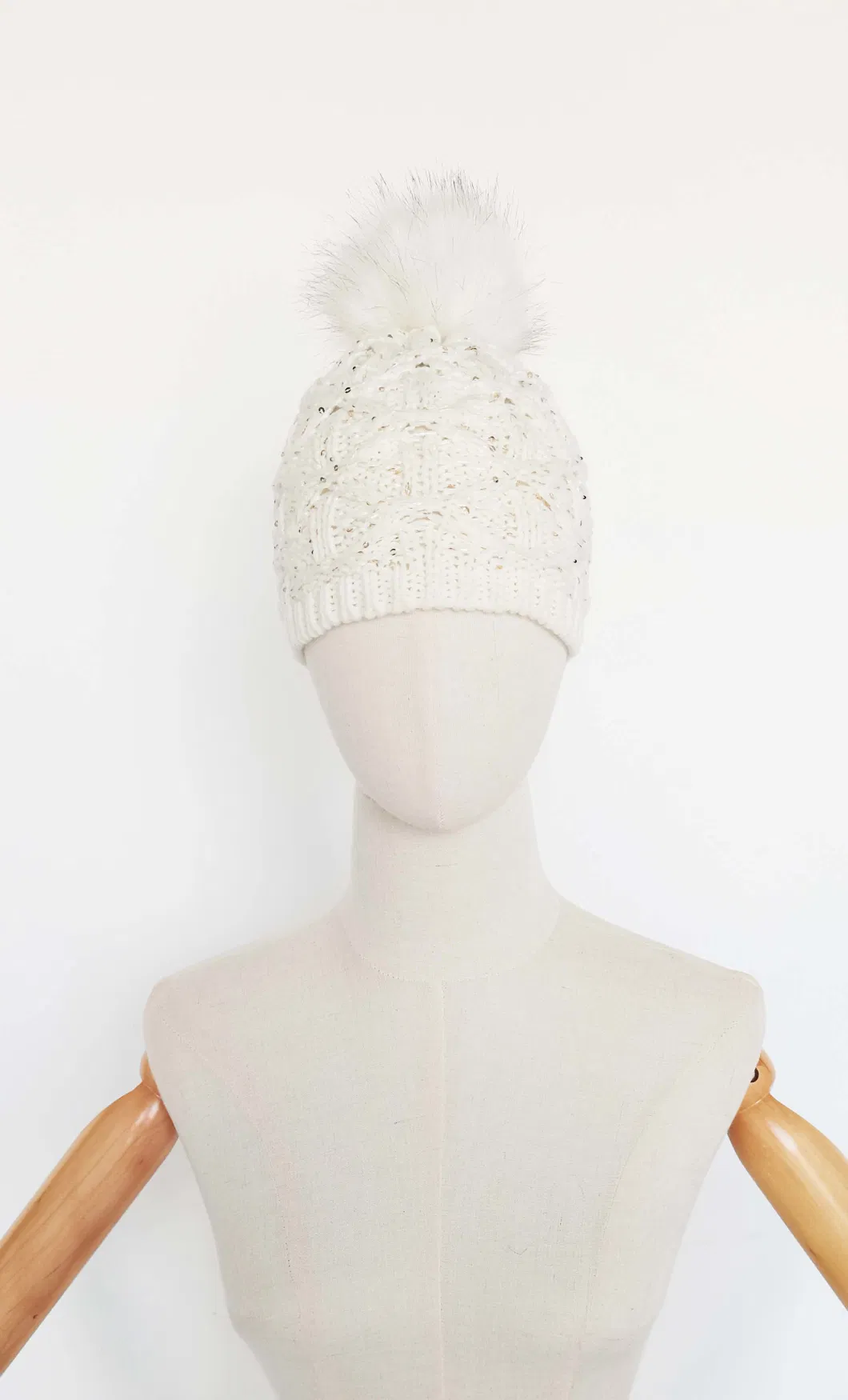 Winter Children Warm Pompom White Sequin Cable Knitted Beanie Hat