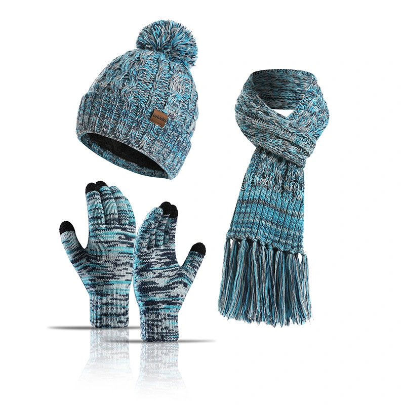 Autumn Winter Knitted Wool Thickened Touch Screen Three-Piece Set Hats Gloves Scarf