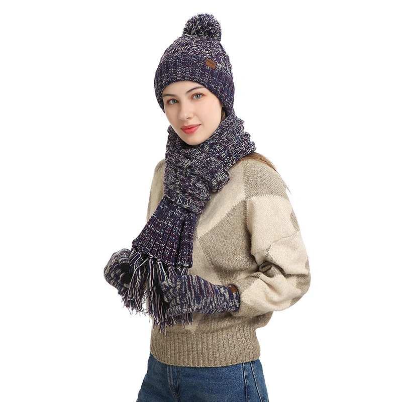 Autumn Winter Knitted Wool Thickened Touch Screen Three-Piece Set Hats Gloves Scarf