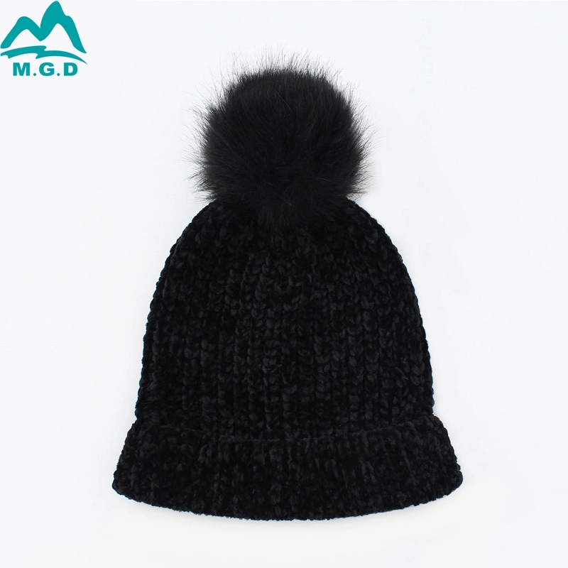 Custom Winter Hat Outdoor Warm Knit Cuffs Faux Fur Ball Beanie Hat