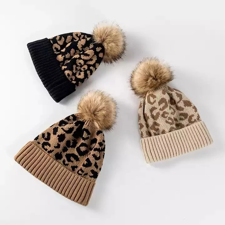 2022 New Trend Soft Fur Ball Leopard Cheetah Chunky POM POM Knit Beanie Cap Women Trendy Man Warm Winter Hat