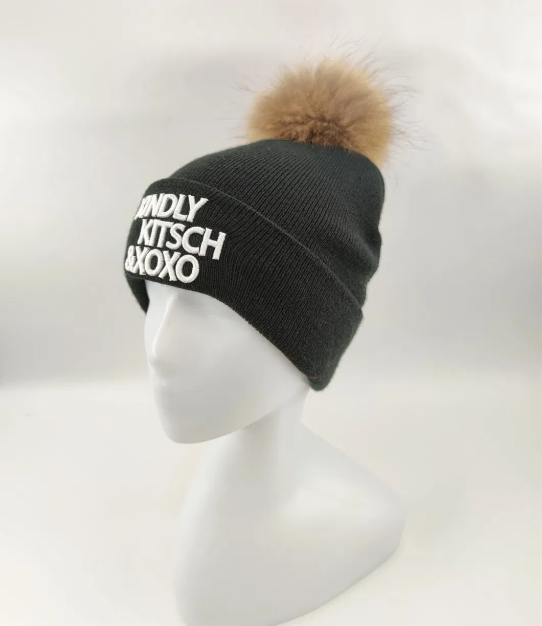 Acrylic Yarn Knitted Hat 3D Embroidery on Cuff, Fake Fur Pompon
