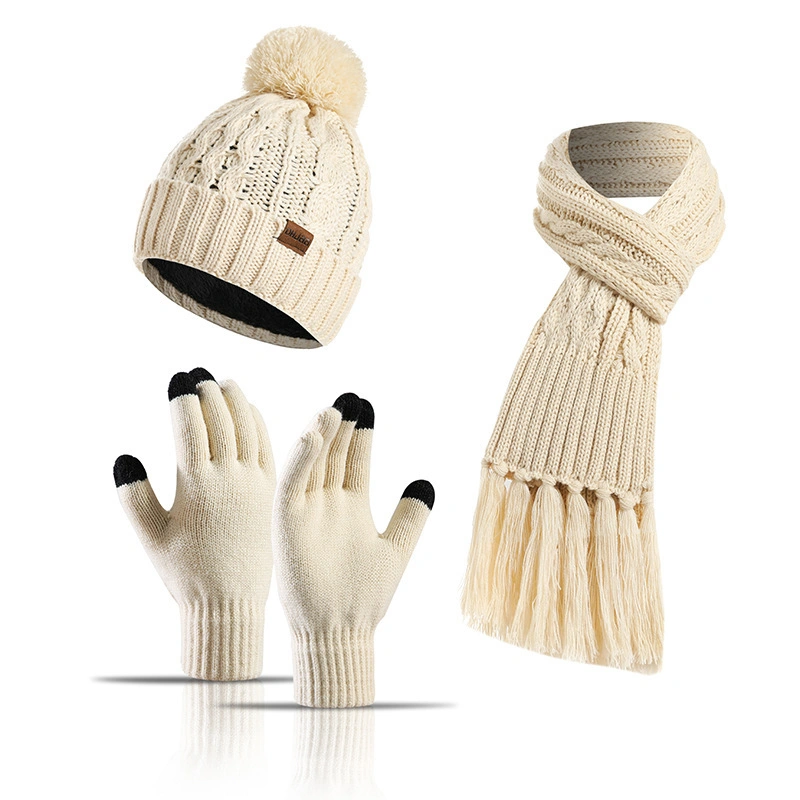 Autumn Winter Knitted Wool Thickened Touch Screen Three-Piece Set Hats Gloves Scarf