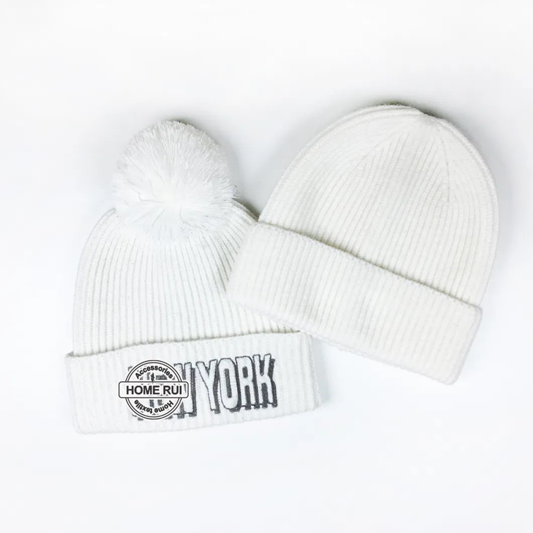 Blank Embroideried Custom Logo Cap for Unisex Women Men Winter Sports White Knitted Skully Hats Ribbed Chunky Knit Warm Beanie