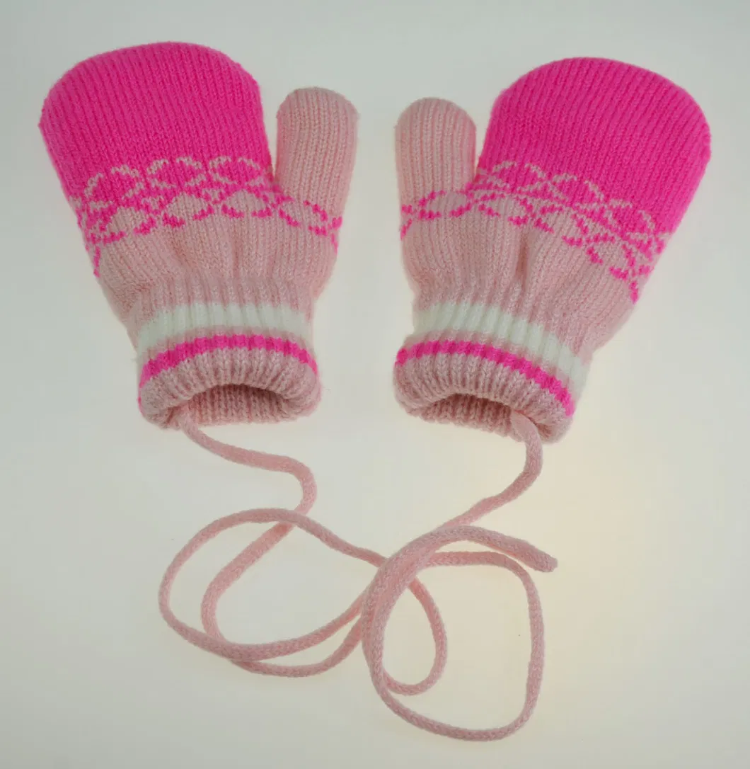 BSCI Jacquard Pink Acrylic Baby Girl Long String Mitten Gloves