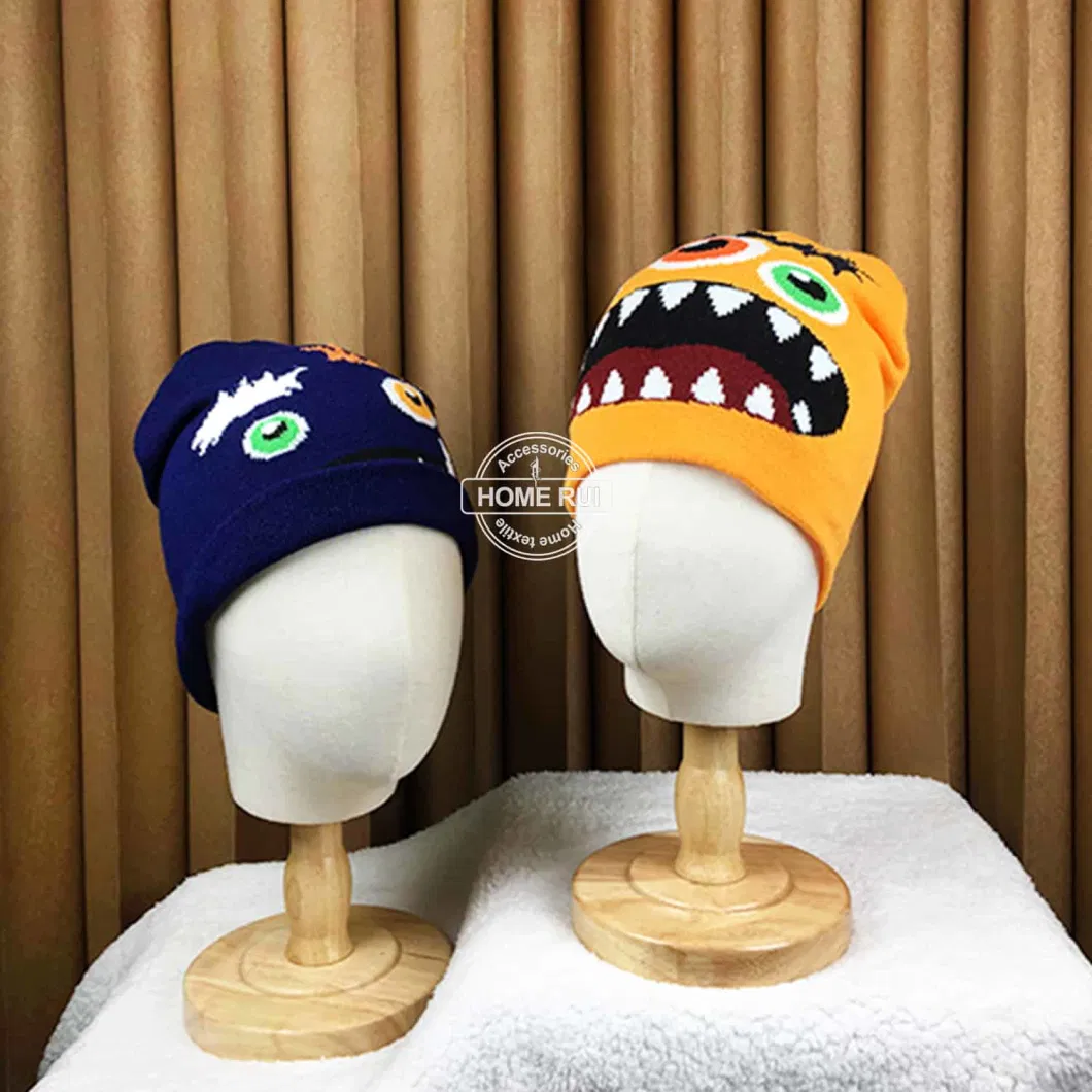 Low MOQ Hats Custom Logo Knitted Monster Face Eyes Feather Eyebow Teeth Jacquard Skully Kids Cartoon Winter Fisherman Cap Beanie