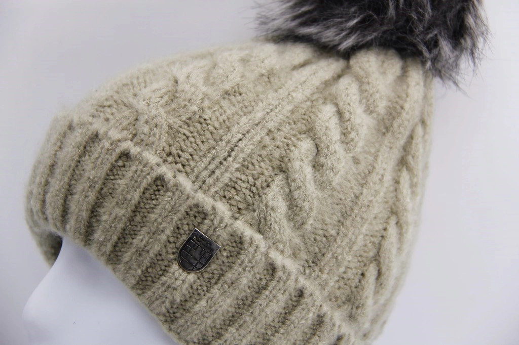 Knitted Child Winter Hat with Faux Fur Pompon Cuff - Acrylic Single Layer