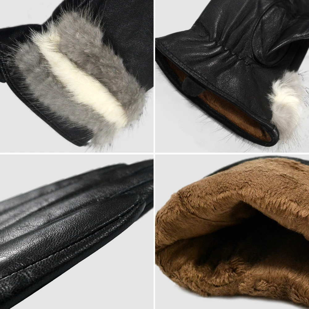 Women Sheepskin Leather Gloves Winter Full Finger Glove Windproof Driving Dressing Gloves