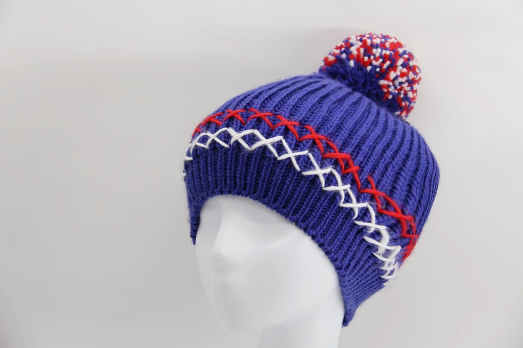 Winter Style Adult Blue Knitted Hat with Two Colors Yarn Pompon