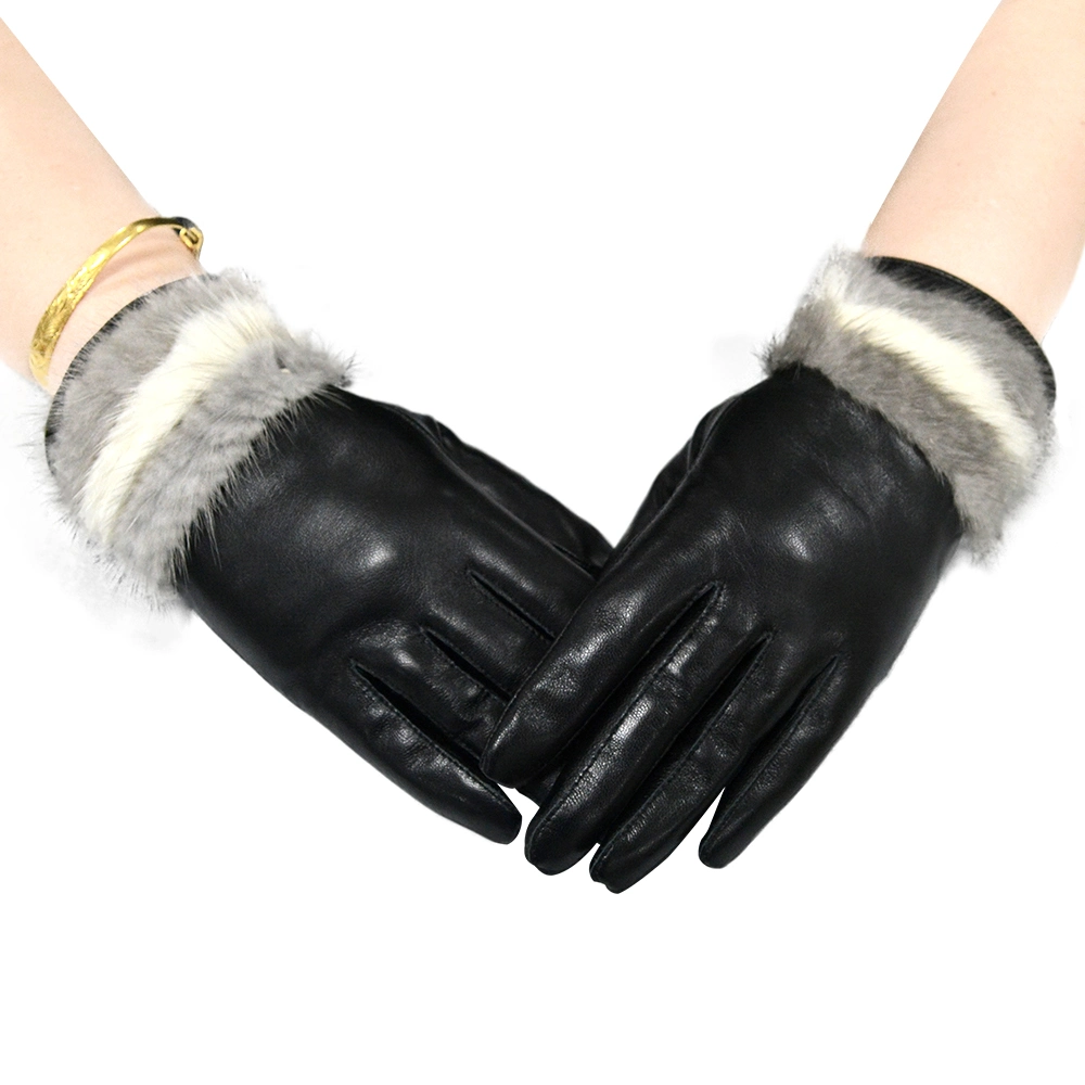 Women Sheepskin Leather Gloves Winter Full Finger Glove Windproof Driving Dressing Gloves