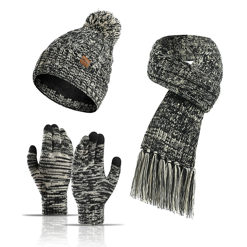 Autumn Winter Knitted Wool Thickened Touch Screen Three-Piece Set Hats Gloves Scarf