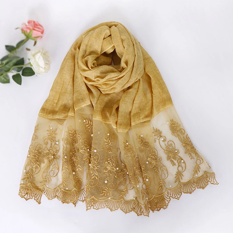 New Style Cotton Lace Fashion Nail Pearl Comfortable Custom Solid Color Polyester Hijab Shawl Lady Scarf