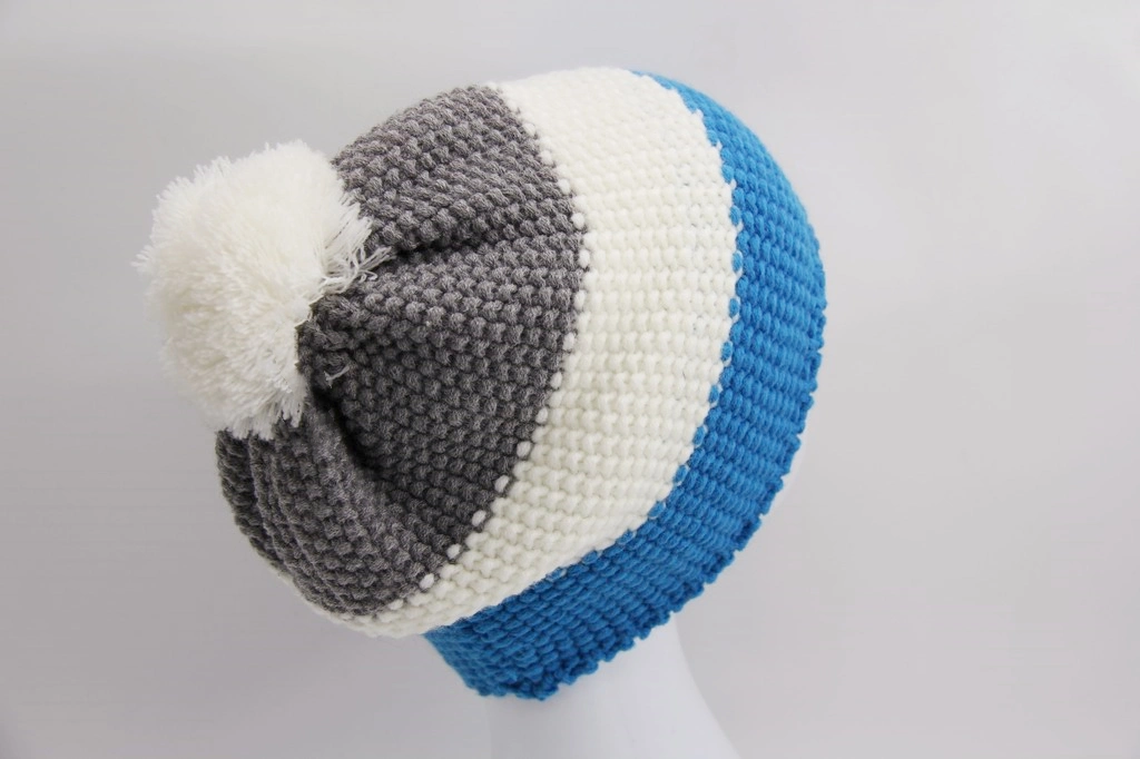 Knitted Winter Child Hat with Three Colors Yarn Top with Yarn Pompon